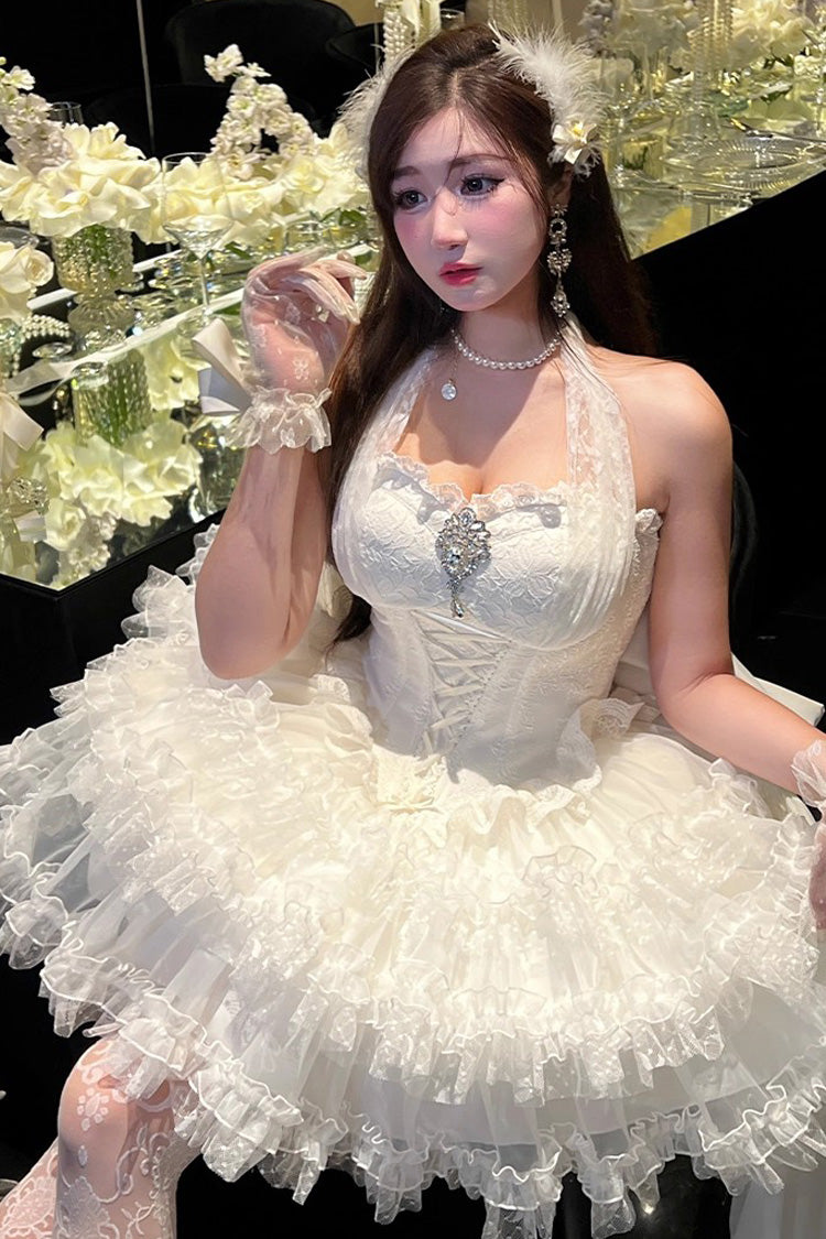 White Dream Halterneck Sleeveless Triple-Layered Ruffle Hanayome Lace Lace-Up Sweet Princess Lolita Dress
