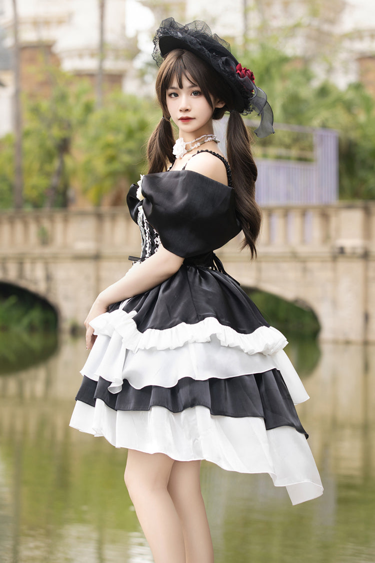 Black/White Rose Of The Night Sea And Starry Sky Off Shoulder Multi-Layered Ruffle Embroidery Sweet Lolita Dress