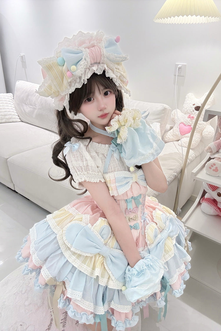 Multi-Color Ribbon Dance Multi-Layered Ruffle Bowknot Lace-Up Sweet Princess Lolita Dress