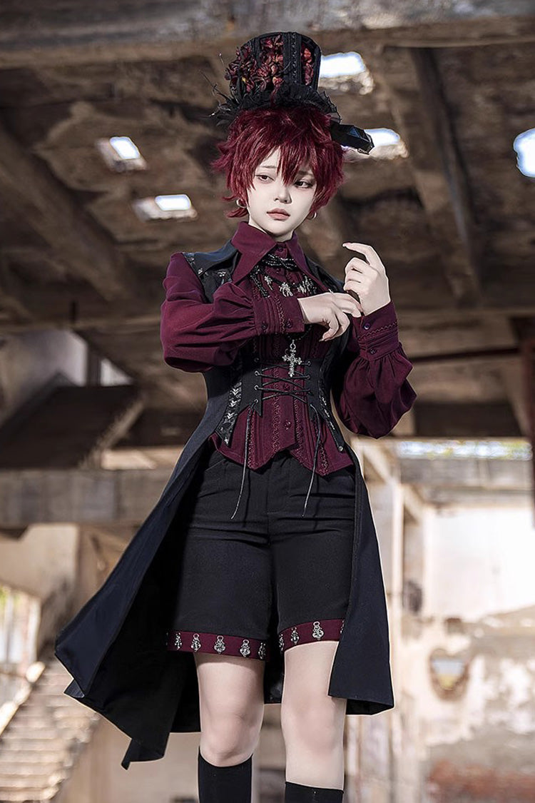 Red Lapel Collar Long Sleeves Embroidery Slim Gothic Vintage Prince Ouji Lolita Blouse
