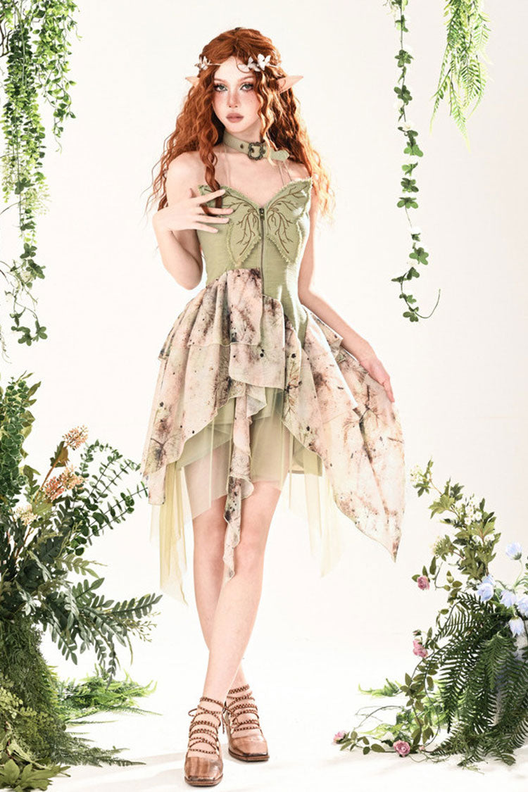 Green Forest Wandering 3D Butterfly Embroidery Lace Irregular Sweet Lolita Jsk Dress