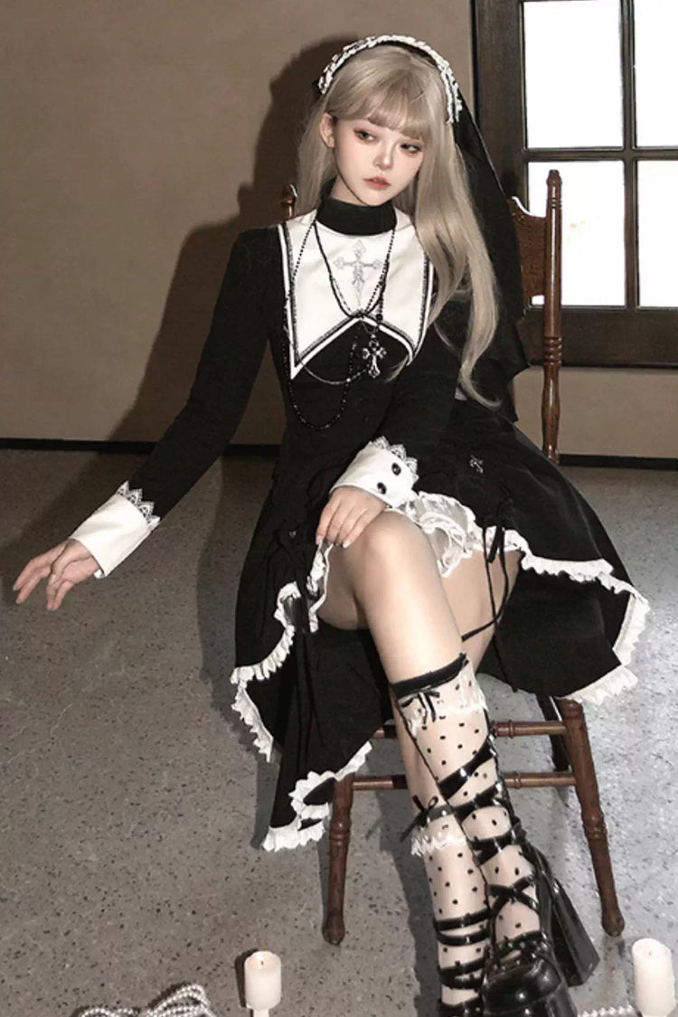 Black/White Peace Prayer Long Sleeves Ruffle Bowknot Asymmetric Gothic Lolita Skirt Set