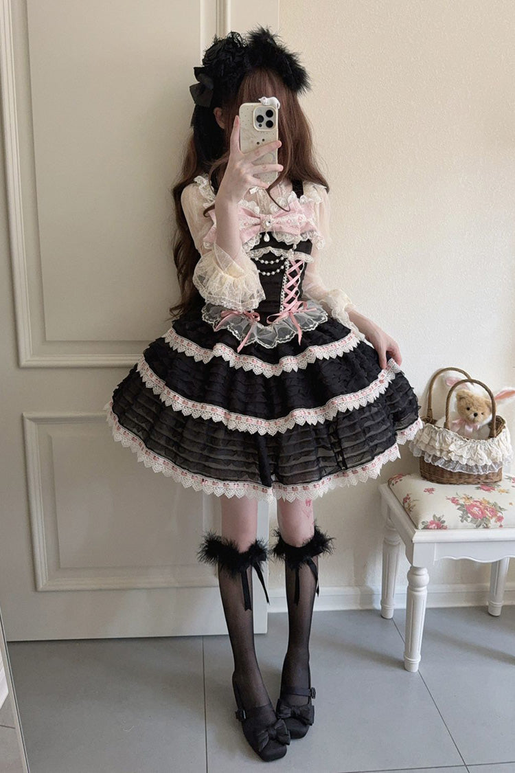 Black Song of Floral Letters Sleeveless Triple-Layered Bowknot Lace-Up Sweet Lolita Jsk Dress