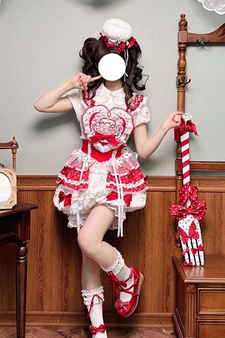 Red/White Twin Bears Birthday Cake Sleeveless Print Ruffle Bowknot Lace Sweet Lolita Small Flower Bud Dress