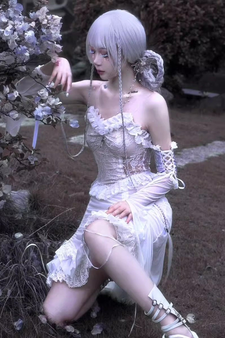 White Redemption of the Deity Drawstring Ruffle Embroidery Lace Pleated Gothic Lolita Jsk Dress