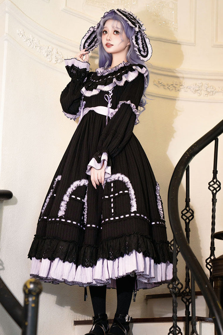 Black Twin Lilian Round Collar Long Sleeves Double-Layered Ruffled Bow Lace-Up Gothic Lolita Dress