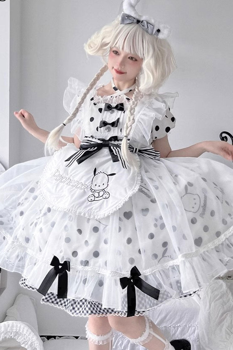 White/Black Short Sleeves Pacha Dog Polka Dots Print Ruffle Bowknot Alice Sweet Lolita Dress