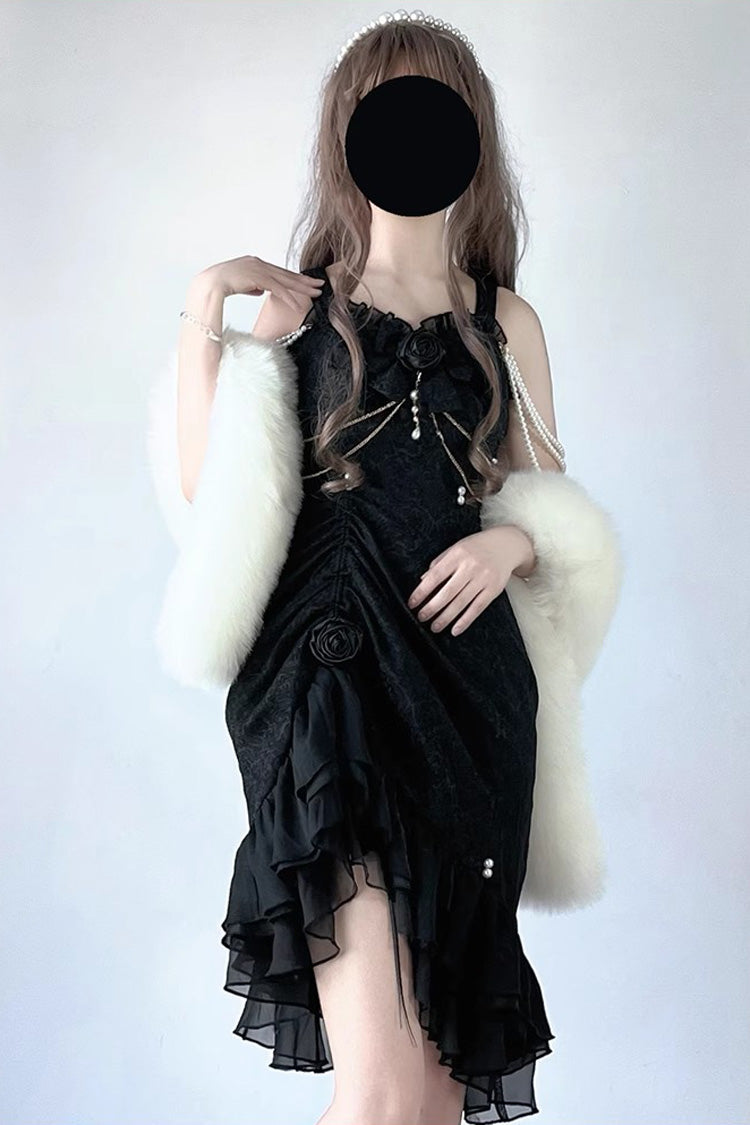 Black Camellia 2.0 Sleeveless Jacquard Ruffle Lace Asymmetric Gothic Chinese Style Fishtail Lolita Jsk Dress