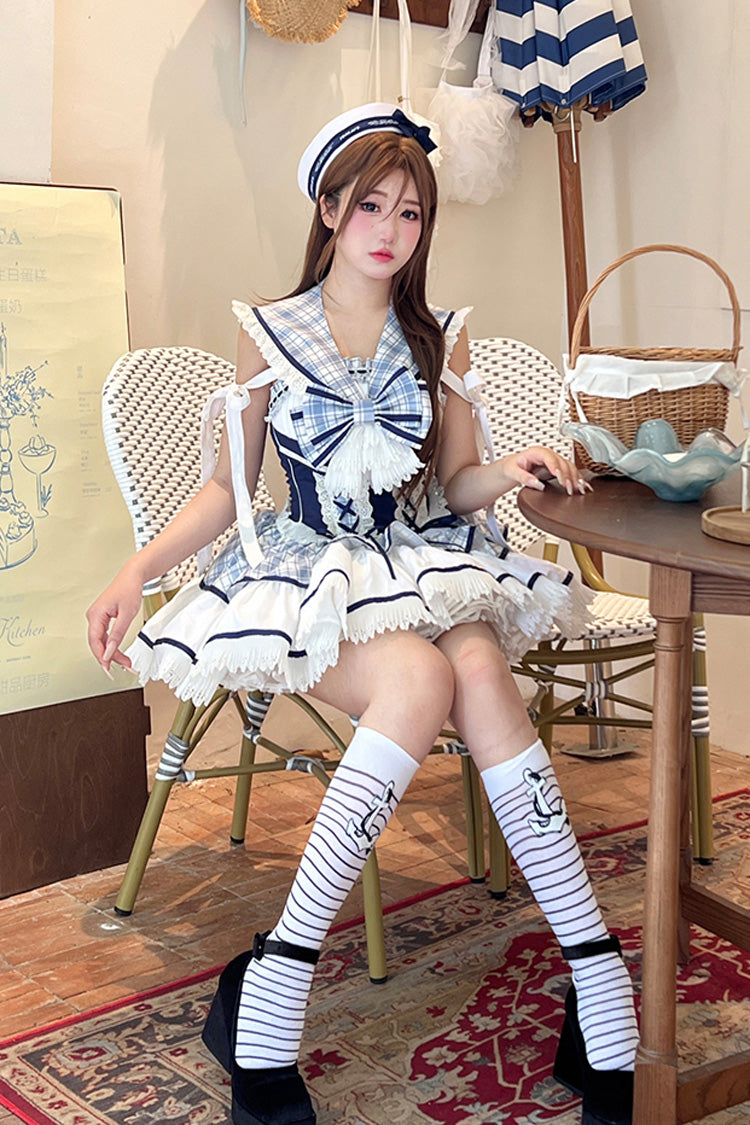 Blue/White Sailing Love Navy Collar Sleeveless Plaid Print Ruffle Bowknot Sweet Lolita Dress