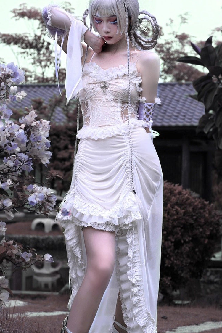 White Redemption of the Deity Drawstring Ruffle Embroidery Lace Pleated Gothic Lolita Jsk Dress