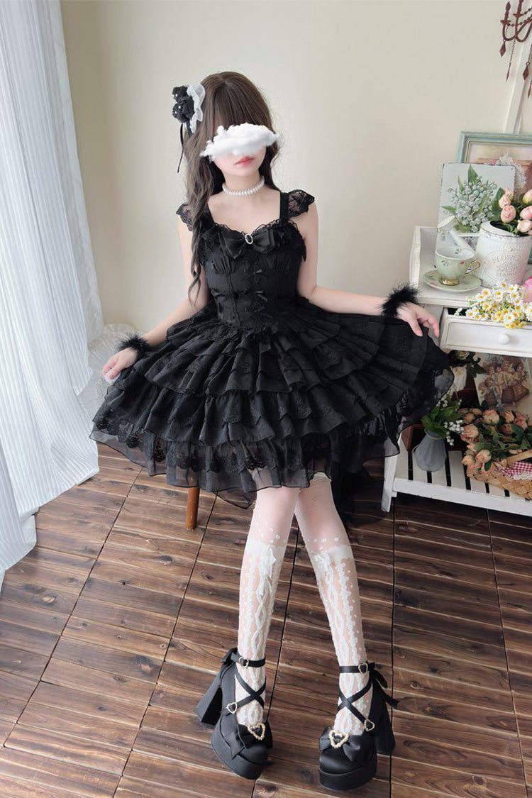 Black From Broken Wings to Rebirth Sleeveless Multi-Layered Ruffle Bowknot Lace-Up Gothic Ballet Lolita Jsk Dress