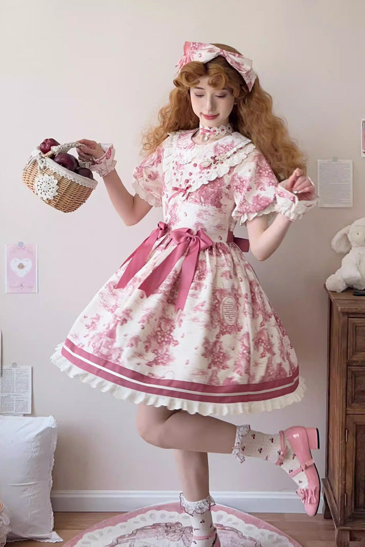 Rose Red Grape Moon Almanac Short Sleeves Multi-Layered Printed Ruffled Bow Sweet Lolita Dress