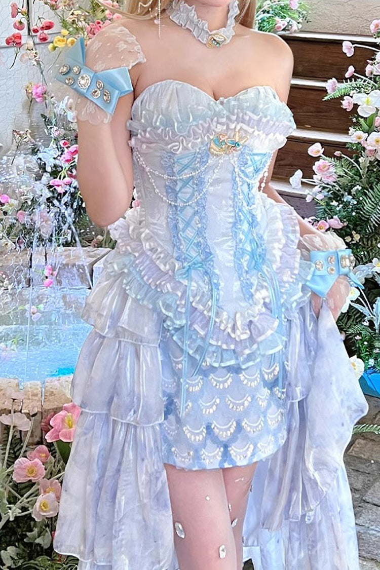 Blue Mermaid's Tears Island Romance Print Embroidery Lace Sweet Lolita Skirt Set