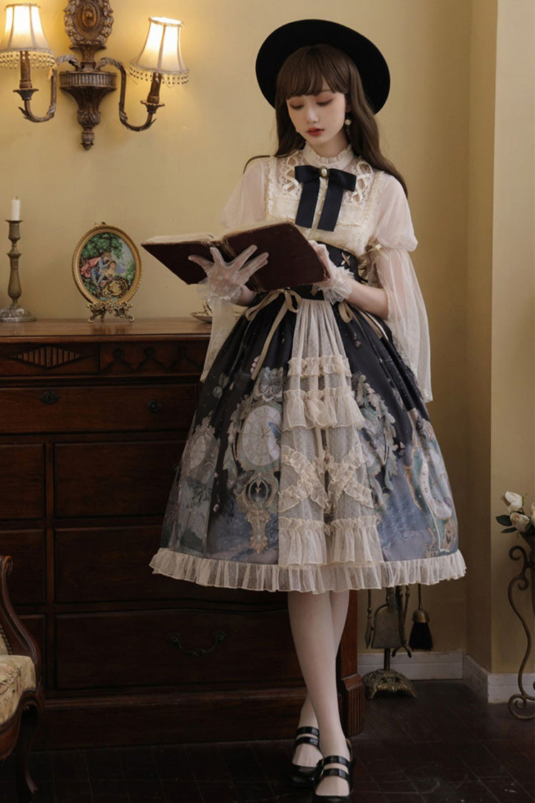 Multi-Color Cardigan Lace Ruffle Clock Butterfly Print Classic Lolita Skirt Set