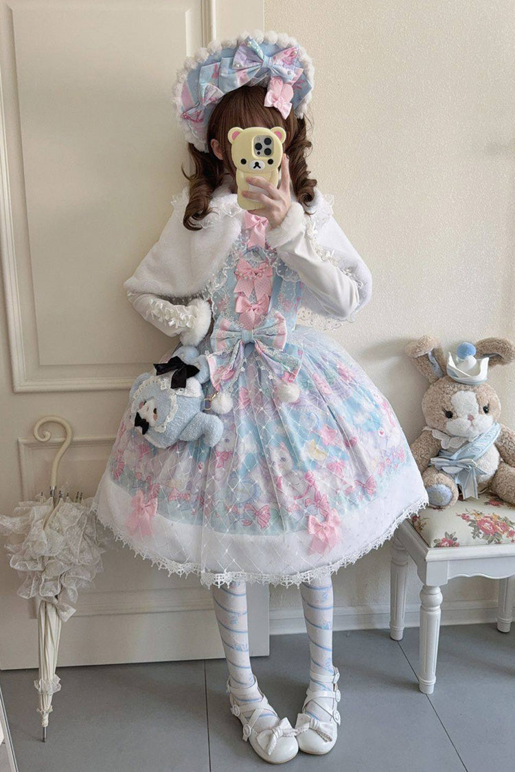 Light Blue Candy Mary Cat Printed Ruffled Embroidered Bow Lace Sweet Lolita Jsk Dress