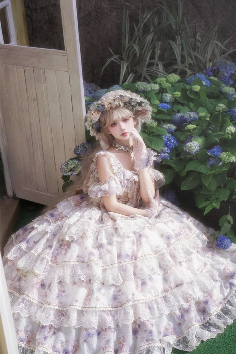 Blue Rose Letter Off Shoulder Triple-Layered Print Ruffle Hanayome Sweet Princess Lolita Dress