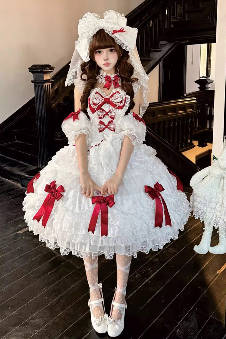 White Dream of the Misty Moon Sleeveless Multi-Layered Ruffled Bow Lace Pearl-Decorated Sweet Princess Lolita Jsk Dress