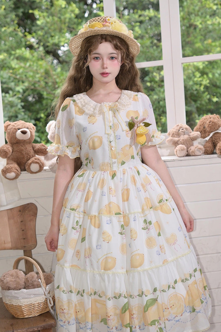 White Lemon Chicken Short Sleeves Print Ruffle Bowknot Lace Daily Sweet Lolita Dress