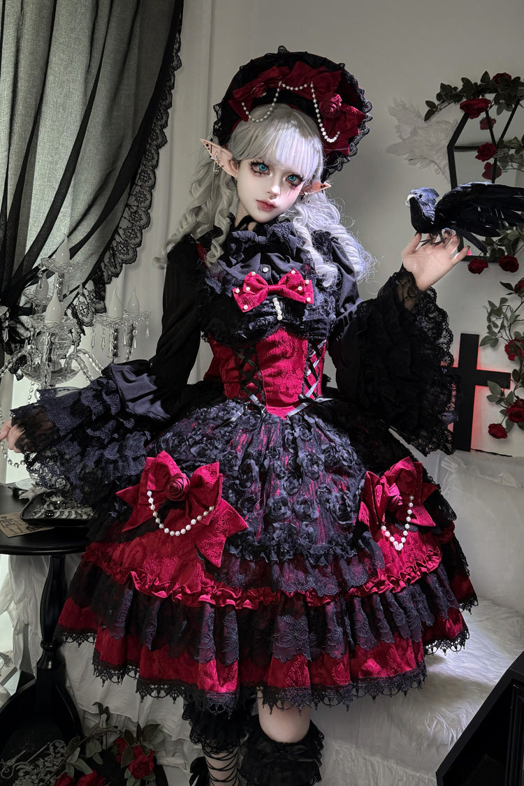 Black/Red Rose Princess Sleeveless Ruffle Bowknot Lace Lace-Up Gothic Ballet Lolita Jsk Dress