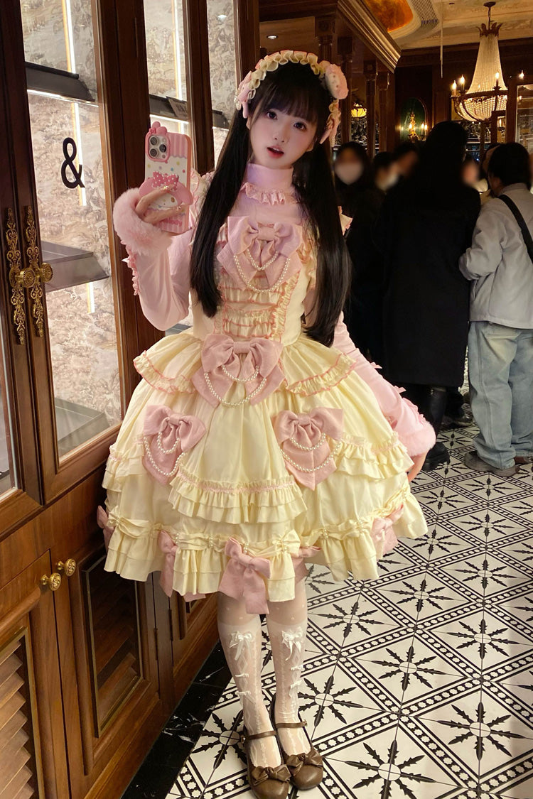 Pink/Yellow Doll Multi-Layered Ruffle Bowknot Lace Sweet Lolita Dress