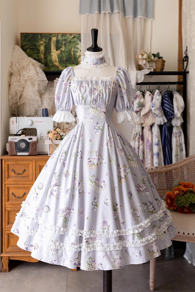 Forest Basket Print Short Sleeves Ruffle Lace Sweet Elegant Lolita Dress 6 Colors