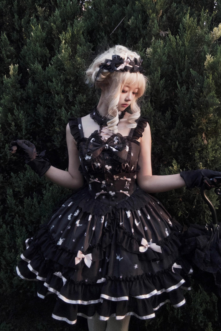 Black Eros Kiss Sleeveless Double-Layered Print Ruffle Bowknot Gothic Elegant Lolita Jsk Dress