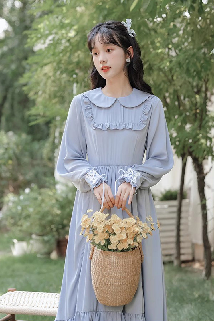 Blue Doll Collar Long Sleeves Ruffle Sweet Elegant Princess Lolita Dress