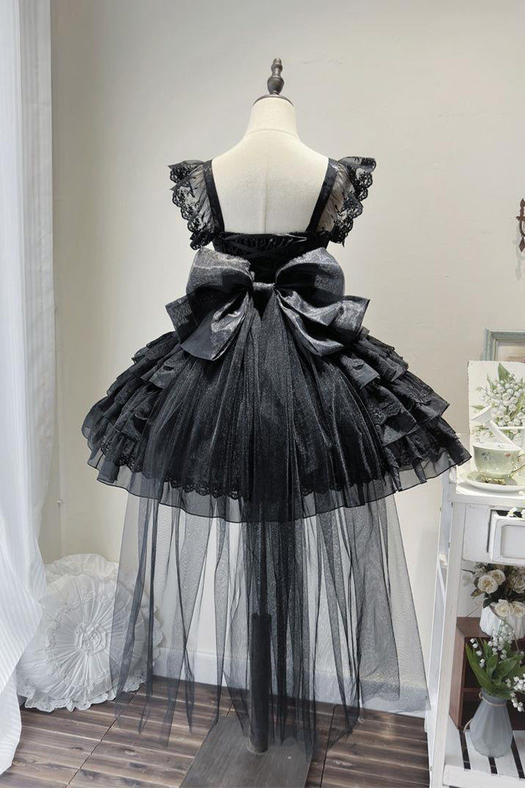 Black From Broken Wings to Rebirth Sleeveless Multi-Layered Ruffle Bowknot Lace-Up Gothic Ballet Lolita Jsk Dress