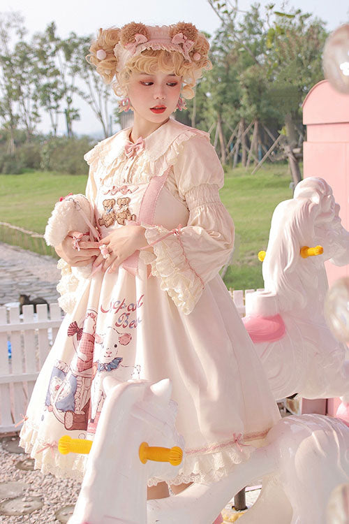 Ivory Sheep & Bear Print Alice Girl Bowknot Ruffled Sweet Lolita JSK Dress