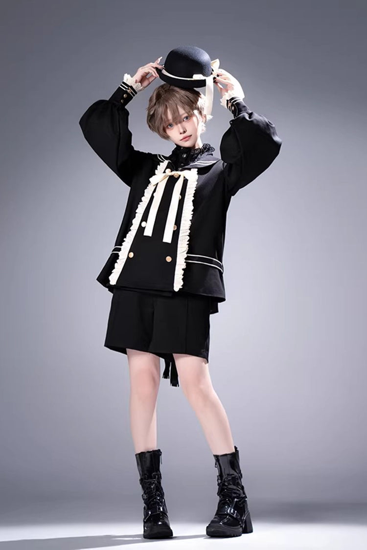 Black City of Mist Navy Collar Long Sleeves Gothic College Style Prince Ouji Lolita Shorts Coat Set