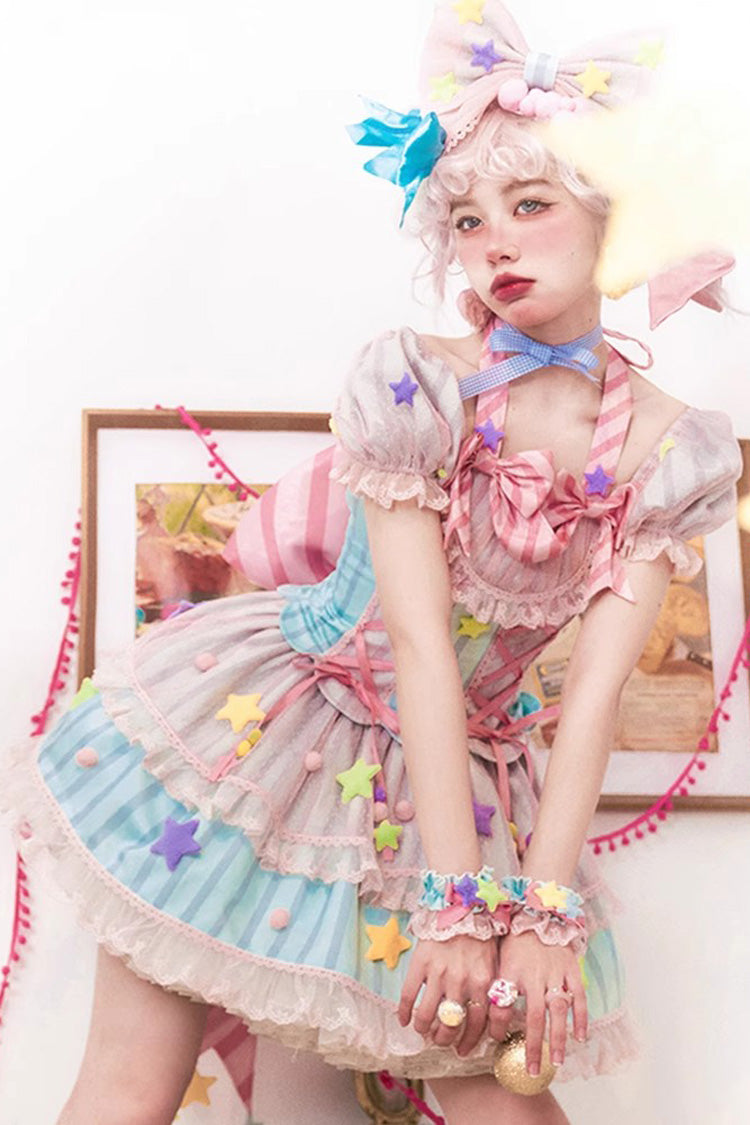 Pink Sugar Magic Print Ruffle Bowknot Lace Lace-Up Sweet Lolita Dress