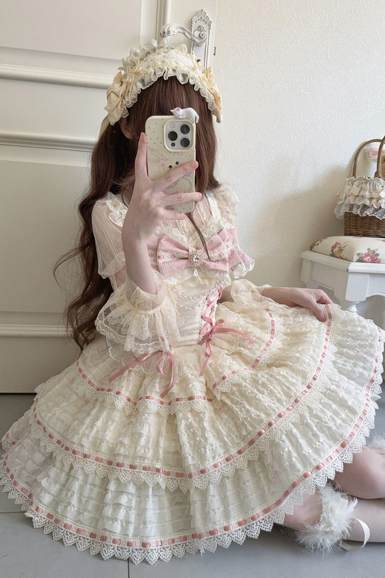 Apricot Song of Floral Letters Sleeveless Triple-Layered Bowknot Lace-Up Sweet Lolita Jsk Dress