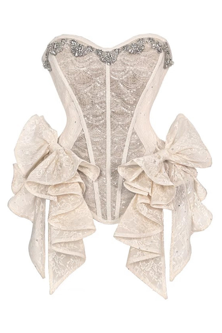Light Brown Slavic Noble Lady Sleeveless Multi-Layered Sparkling Diamonds Ruffled Bow Lace-Up Irregular Gothic Elegant Lolita Skirt & Corset Set