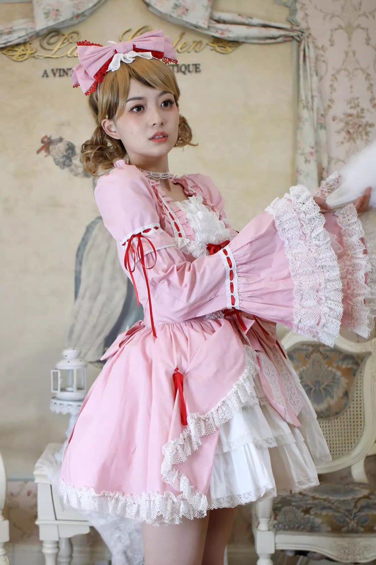 Miss Rella Short Sleeves Multi-Layered Ruffle Cardigan Bowknot Lace-Up Sweet Lolita Dress 9 Colors