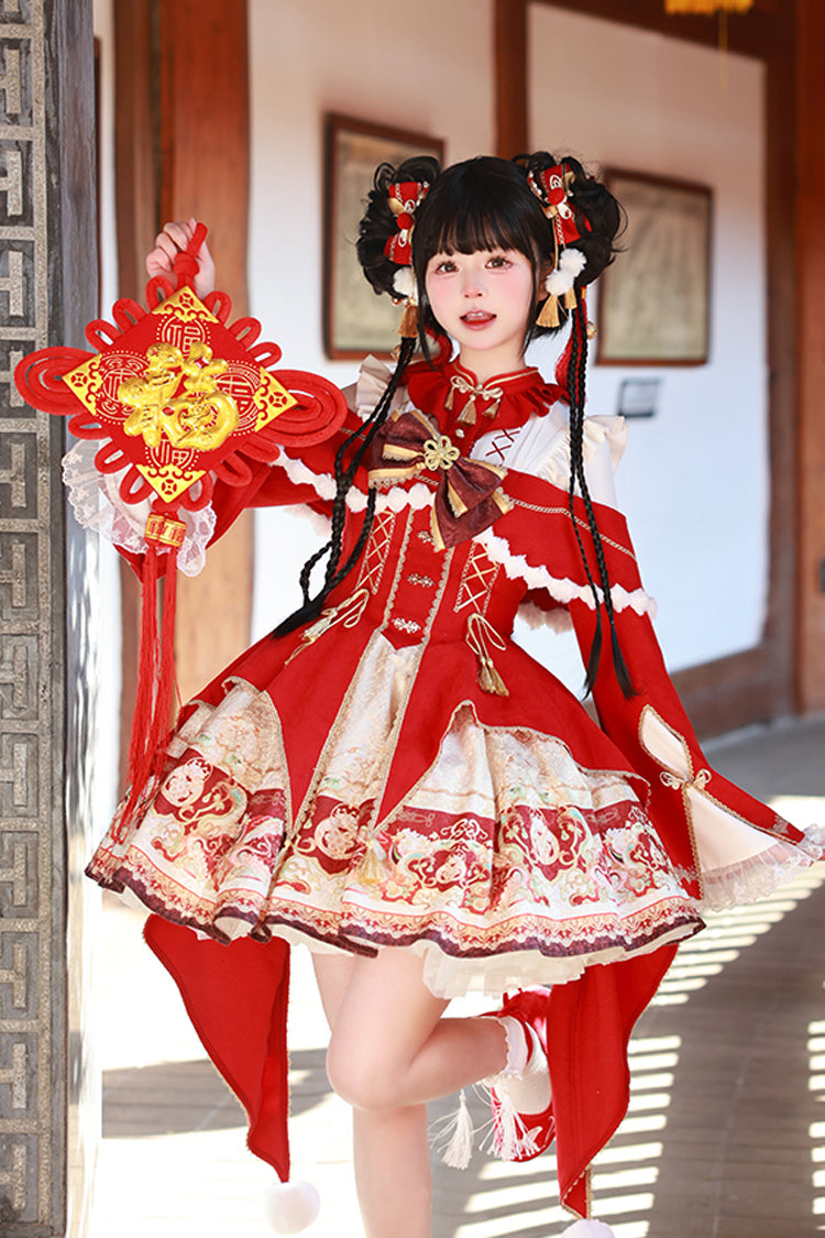 Red New Year Print Ruffle Bowknot Lace-Up Sweet Chinese Style Lolita Jsk Dress