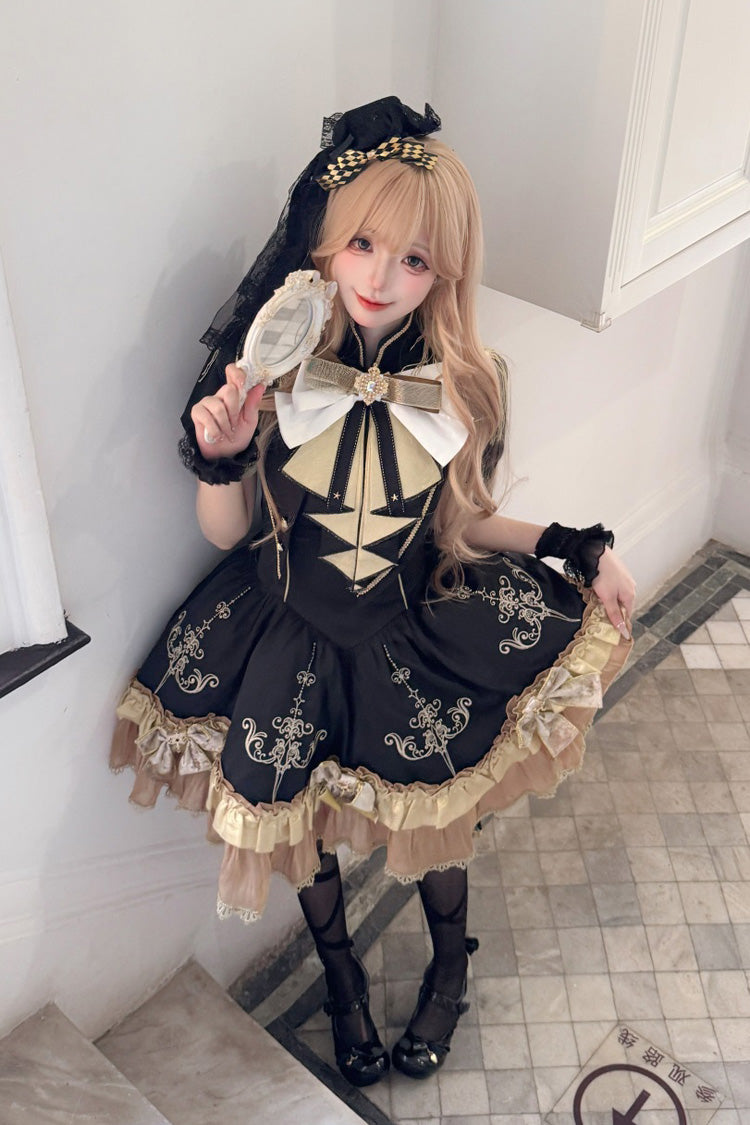 Black Gilded Oath Short Sleeves Double-Layered Ruffle Embroidery Bowknot Gothic Lolita Dress