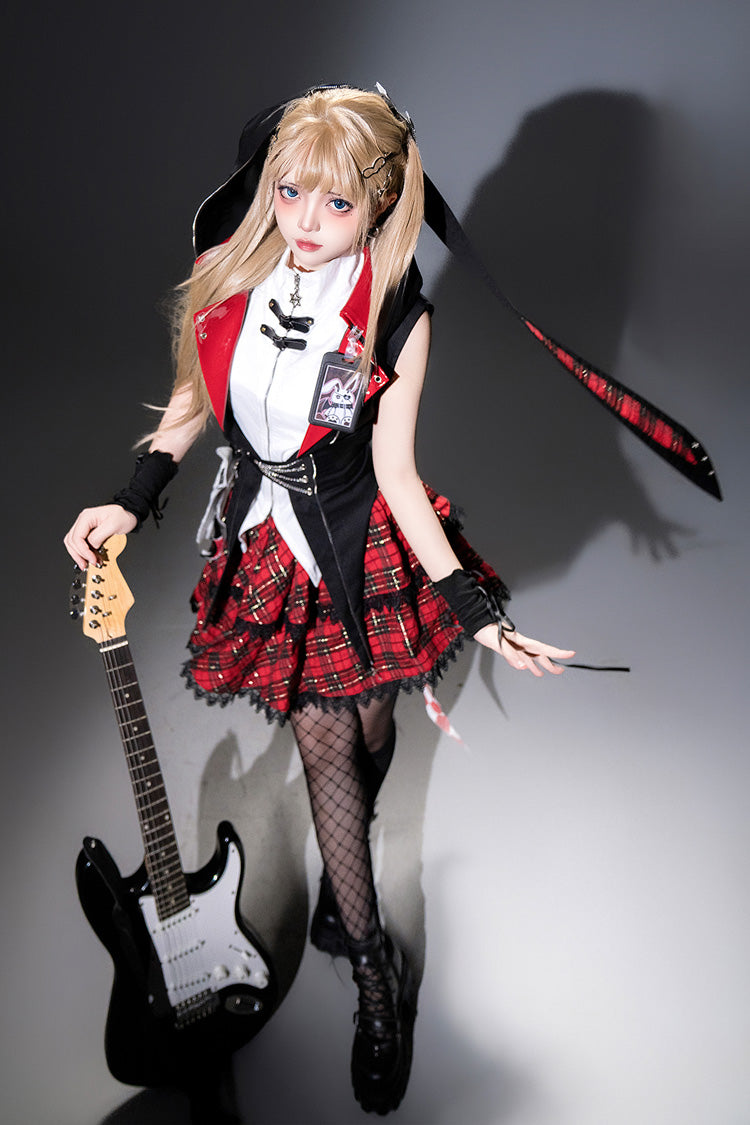 Black/Red Rock Bunny Sleeveless Double-Layered Embroidery Hooded Punk Lolita Skirt Set