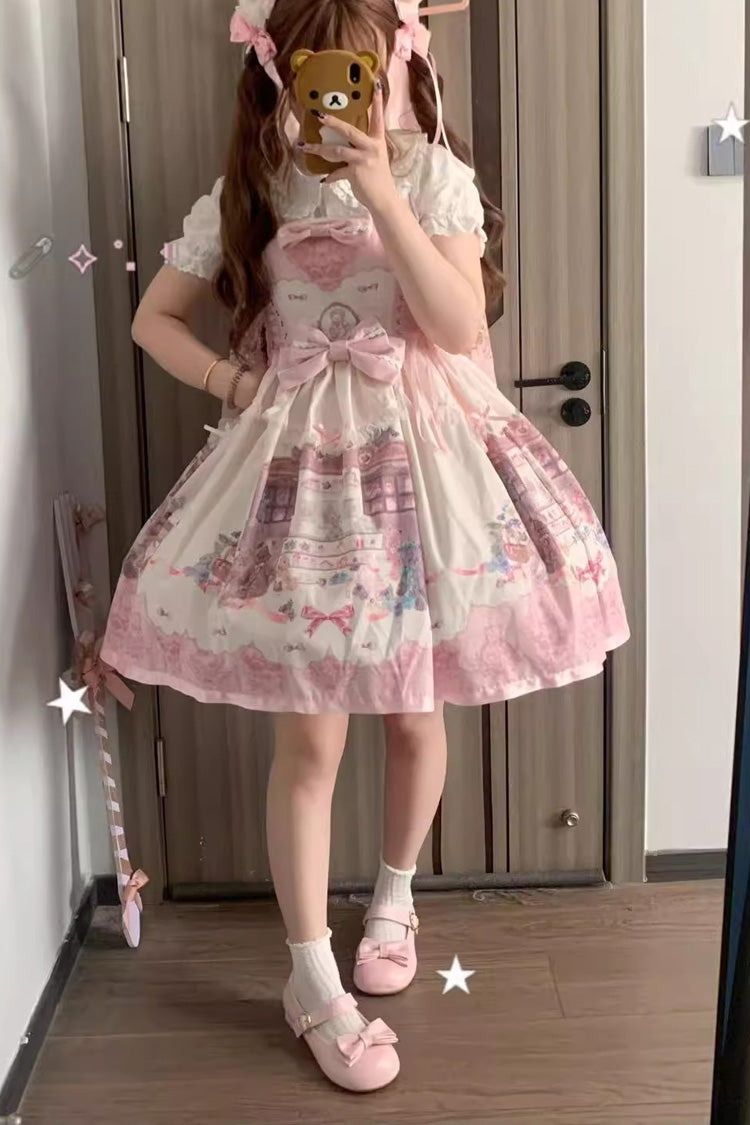 Pink Little Bear Shop Print Sleeveless Bowknot Lace Sweet Princess Lolita Jsk and Strap Dress