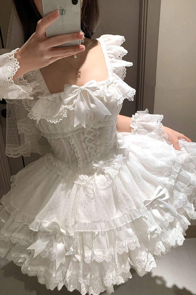 White Flory Butterfly Double-Layered Ruffle Bowknot Lace Lace-Up Sweet Ballet Lolita Jsk Dress