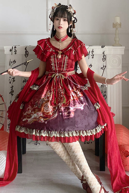 Round Collar Ruffled Short Sleeves Elegant Print High Waist Classic Lolita Dress