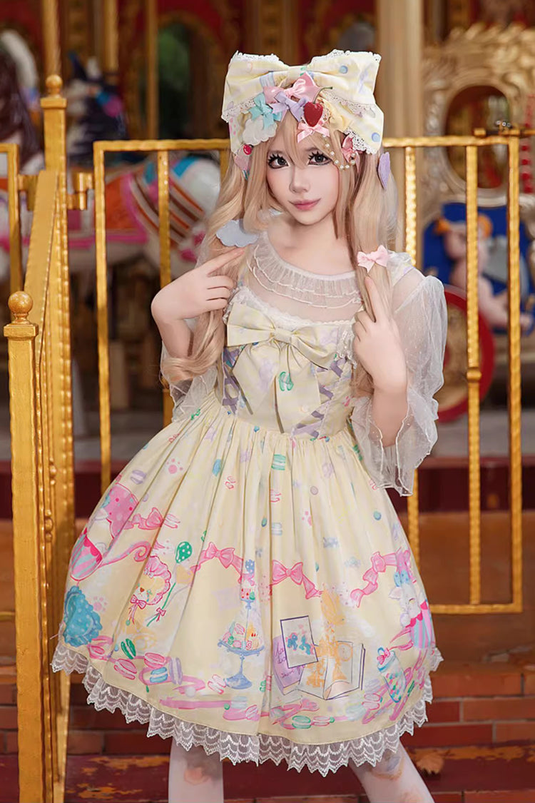 Macaron Dolly House Sleeveless Print Bowknot Lace-Up Sweet Lolita Jsk Dress 3 Colors