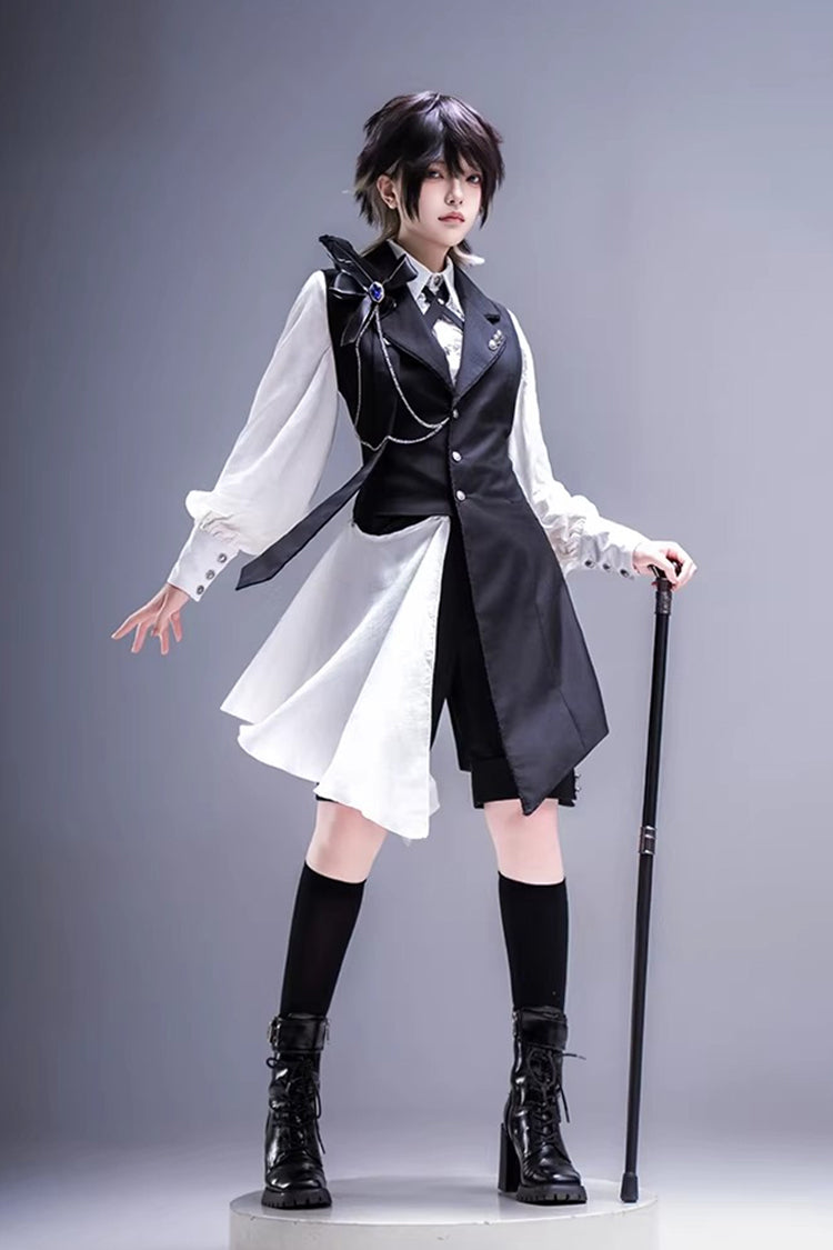 Black/White Black Tea Concerto Bow Asymmetric Ouji Fashion Gothic Prince Lolita Vest Top Shorts Set