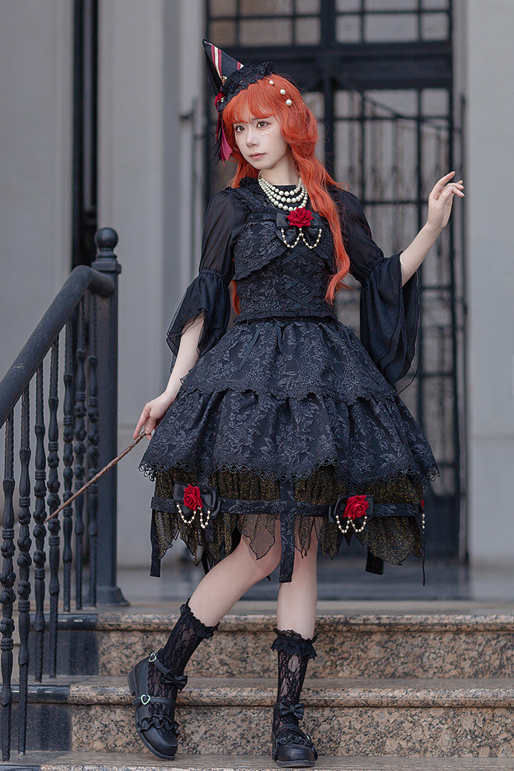 Black Apprentice Witch Double-Layered Ruffle Lace Gothic Lolita Skirt