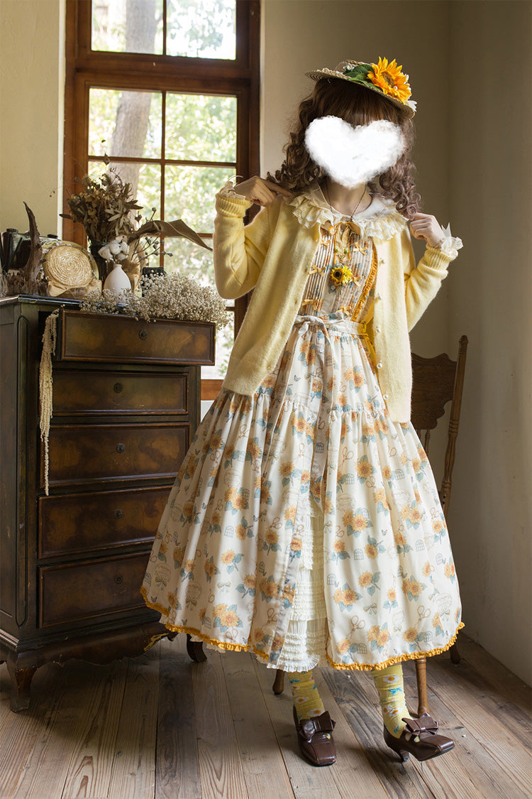 Apricot Gardening Sunflower Sleeveless Print Ruffle Bowknot Sweet Elegant Lolita Jsk Dress