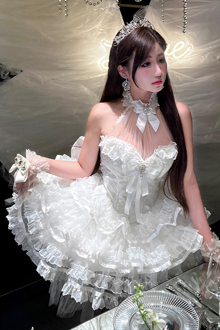 White Love God Bride Halterneck Ruffle Hanayome Bowknot Lace Sweet Princess Lolita Jsk Dress