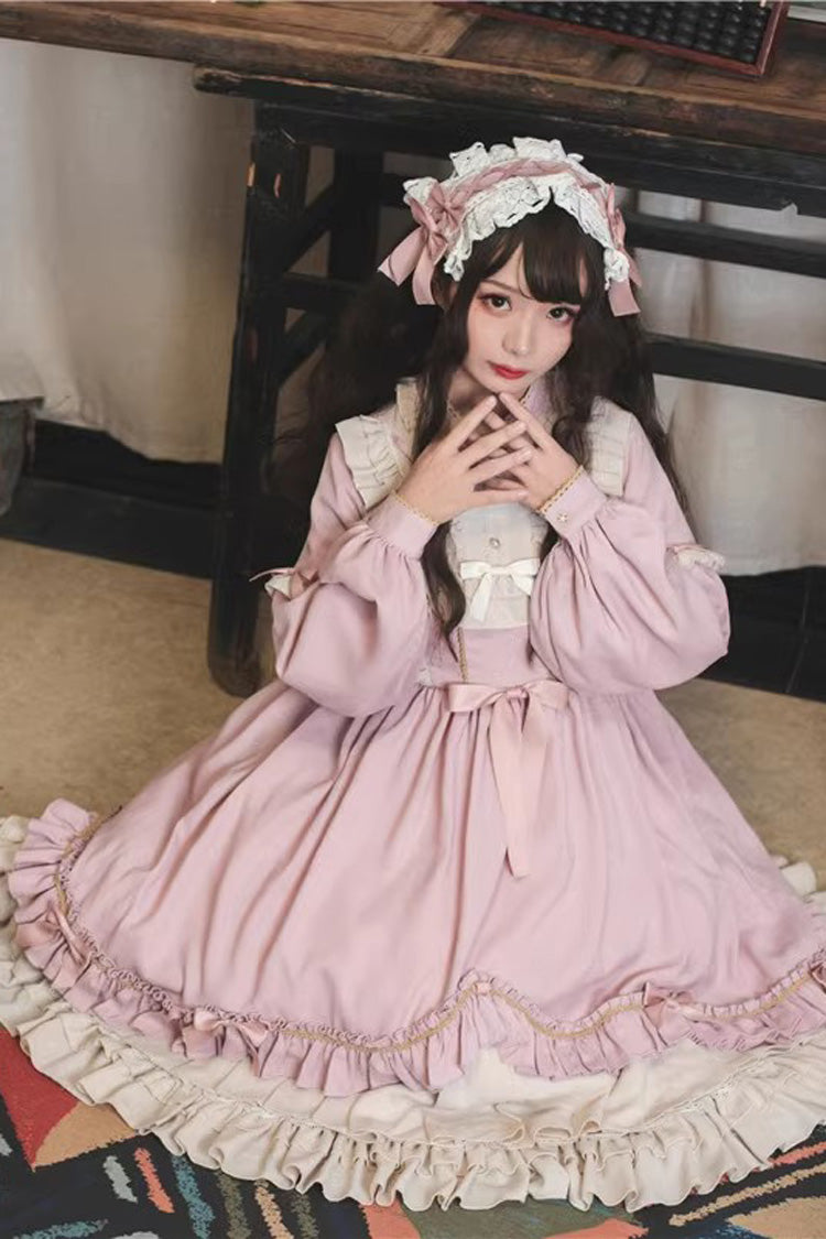 Pink Long Sleeves Ruffle Bowknot Daily Sweet Princess Lolita Dress