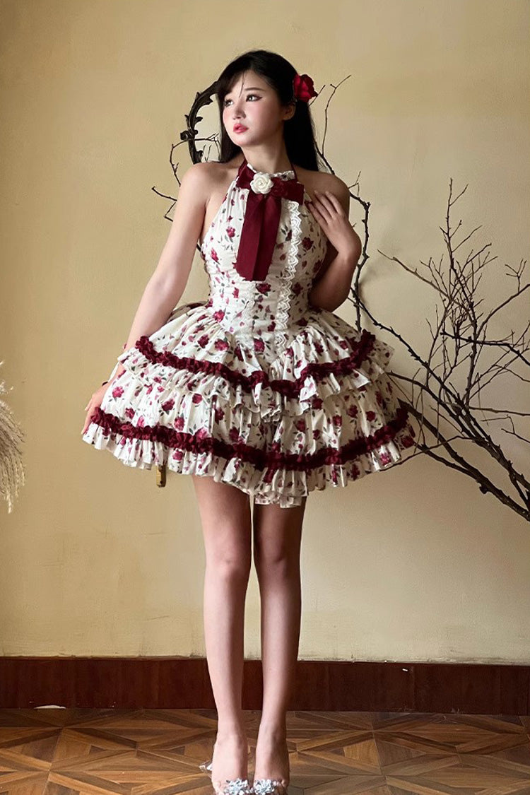 Red/White Halterneck Romantic Rose Print Ruffle Bowknot Sweet Chinese Style Lolita Dress