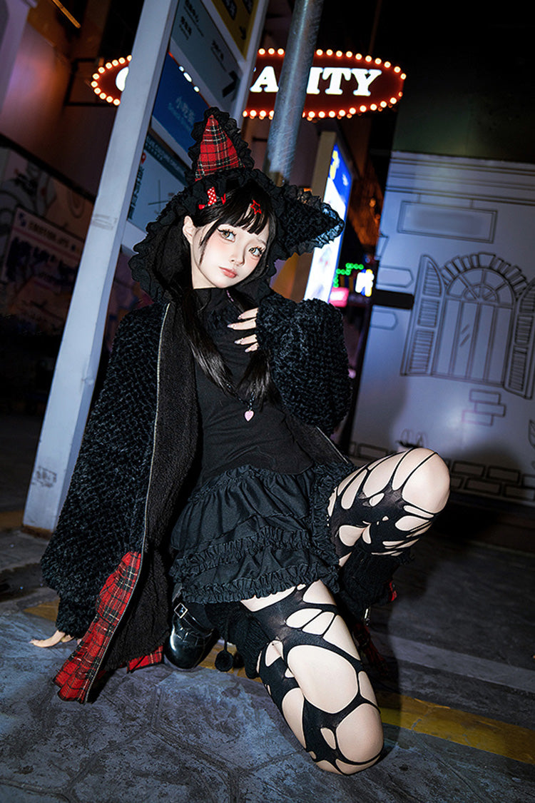Black/Red Night Cat Plaid Print Ruffle Bowknot Hooded Sweet Lolita Skirt Coat