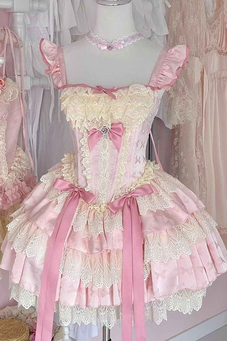 Pink Strawberry Candy Multi-Layered Ruffle Bowknot Lace Sweet Ballet Lolita Dress