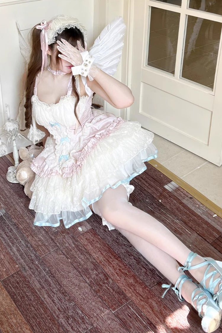 Pink/Beige Sweet Dream Peach Sleeveless Multi-Layered Ruffle Bowknot Lace Sweet Ballet Lolita Jsk Dress